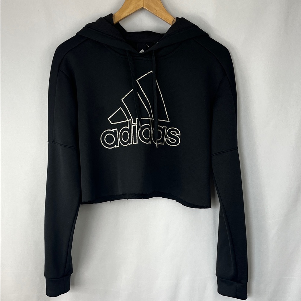 Adidas Cropped Raw Hem Black Hoodie with Logo - Size M